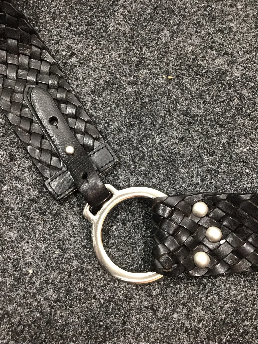 Vintage Y2K wide black leather woven hip belt silver ring buckle
